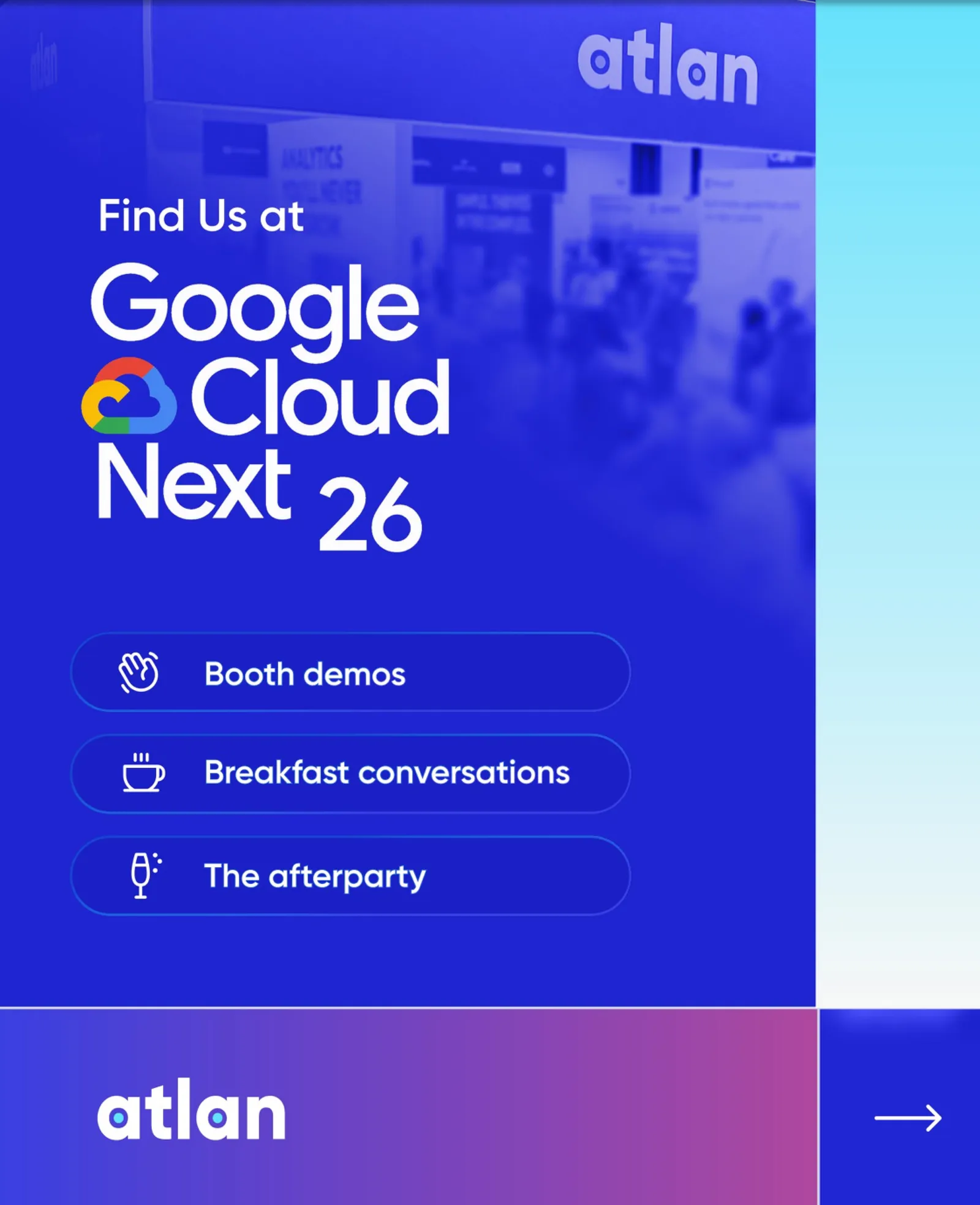 Conference booth creative — blue photo overlay with a Cyan gradient panel