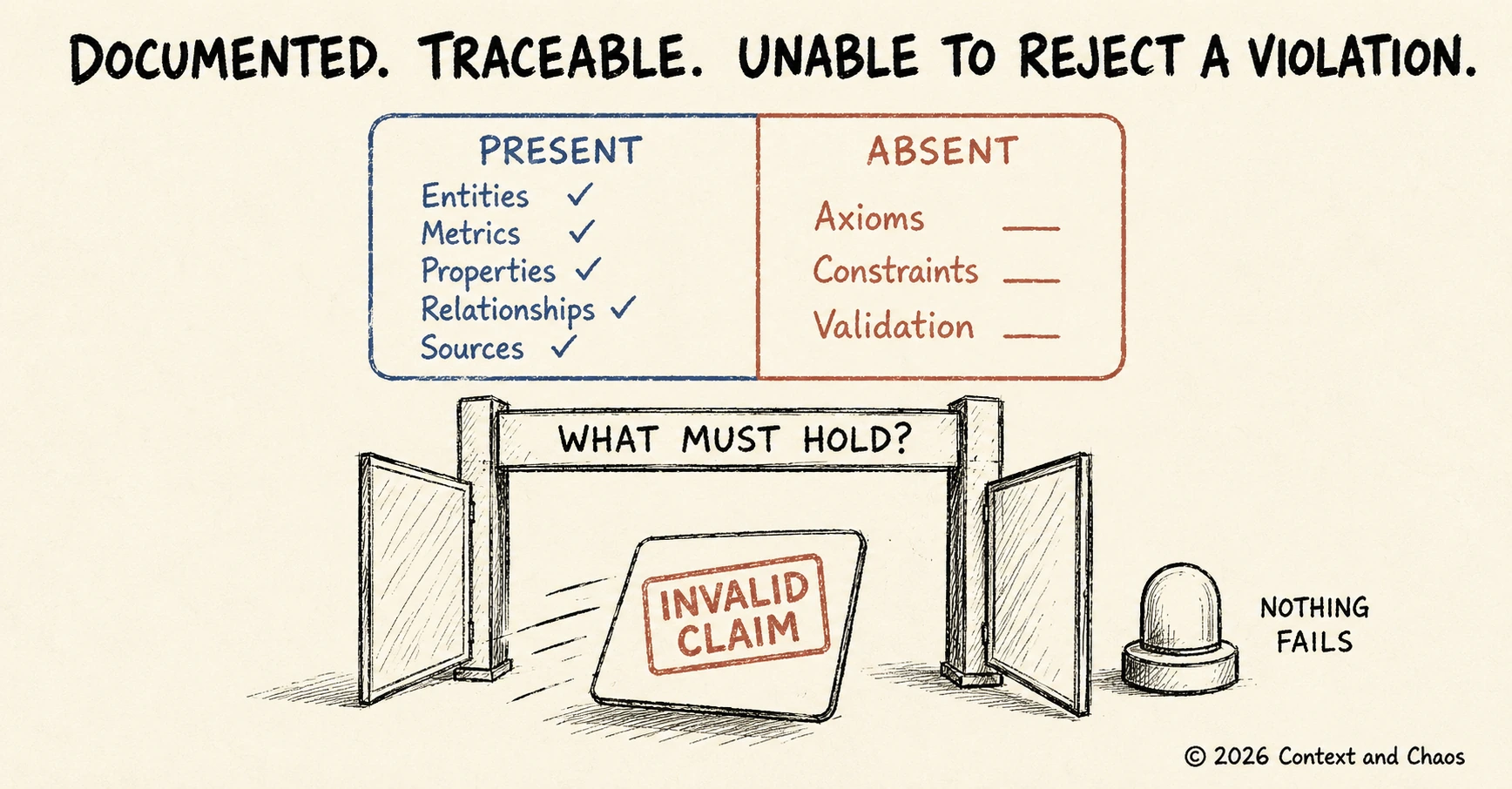 Two-column checklist titled documented, traceable, unable to reject a violation. The left column headed present ticks entities, metrics, properties, relationships and sources. The right column headed absent leaves axioms, constraints and validation blank. Below, an open gate signed what must hold lets a card stamped invalid claim slide straight through, beside an unlit alarm labelled nothing fails.