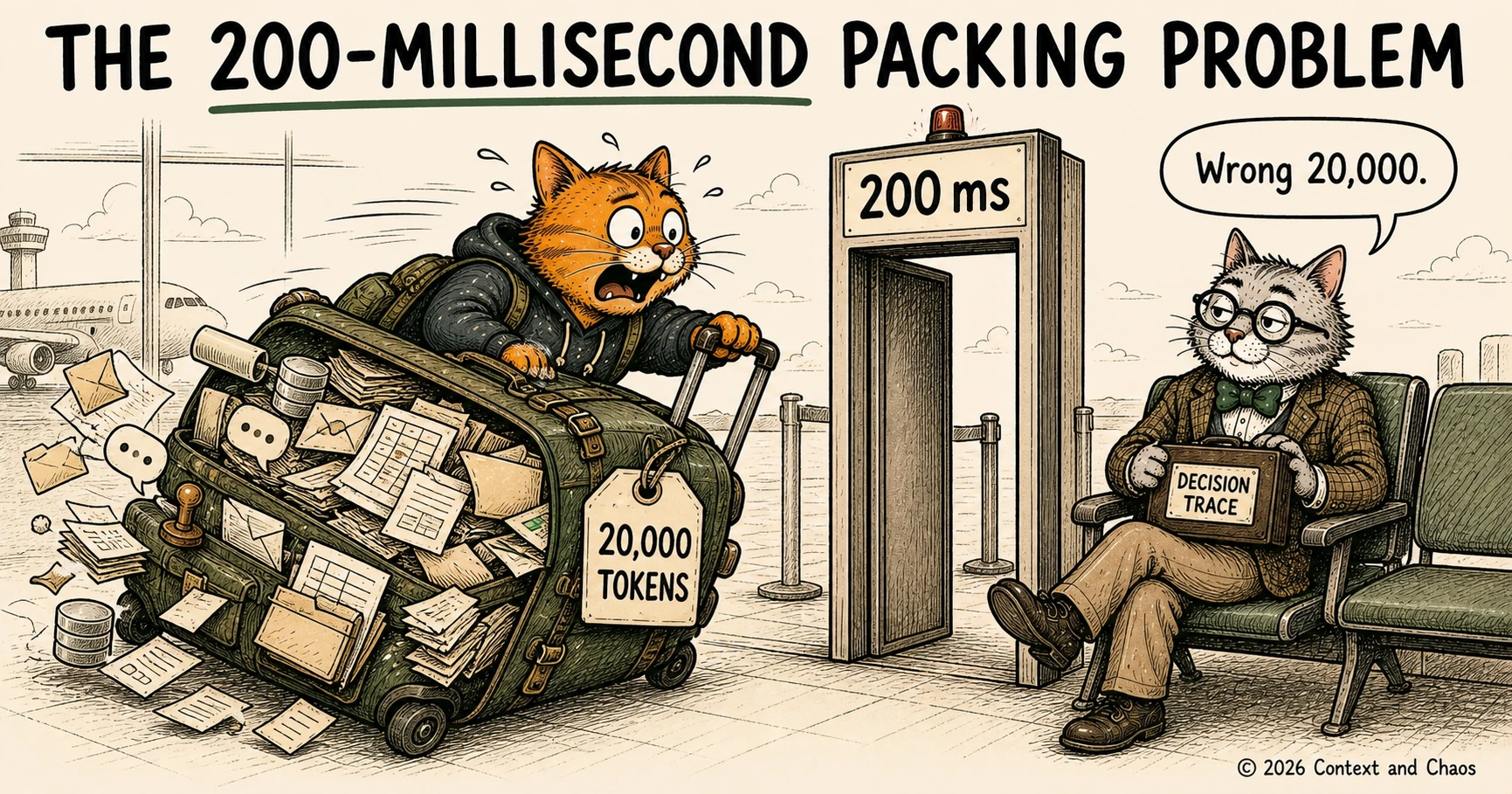 Wide cartoon titled the 200-millisecond packing problem. An orange tabby cat in a hoodie, sweating and wide-eyed, hauls an enormously overstuffed suitcase tagged 20,000 TOKENS, spilling loose papers, envelopes and chat bubbles across the airport floor. Ahead of him a narrow security gate is signed 200 ms. Past the gate a grey professor cat in glasses, a tweed jacket and a green bow tie sits calmly in a departure lounge seat holding one small case labelled DECISION TRACE, saying: Wrong 20,000.
