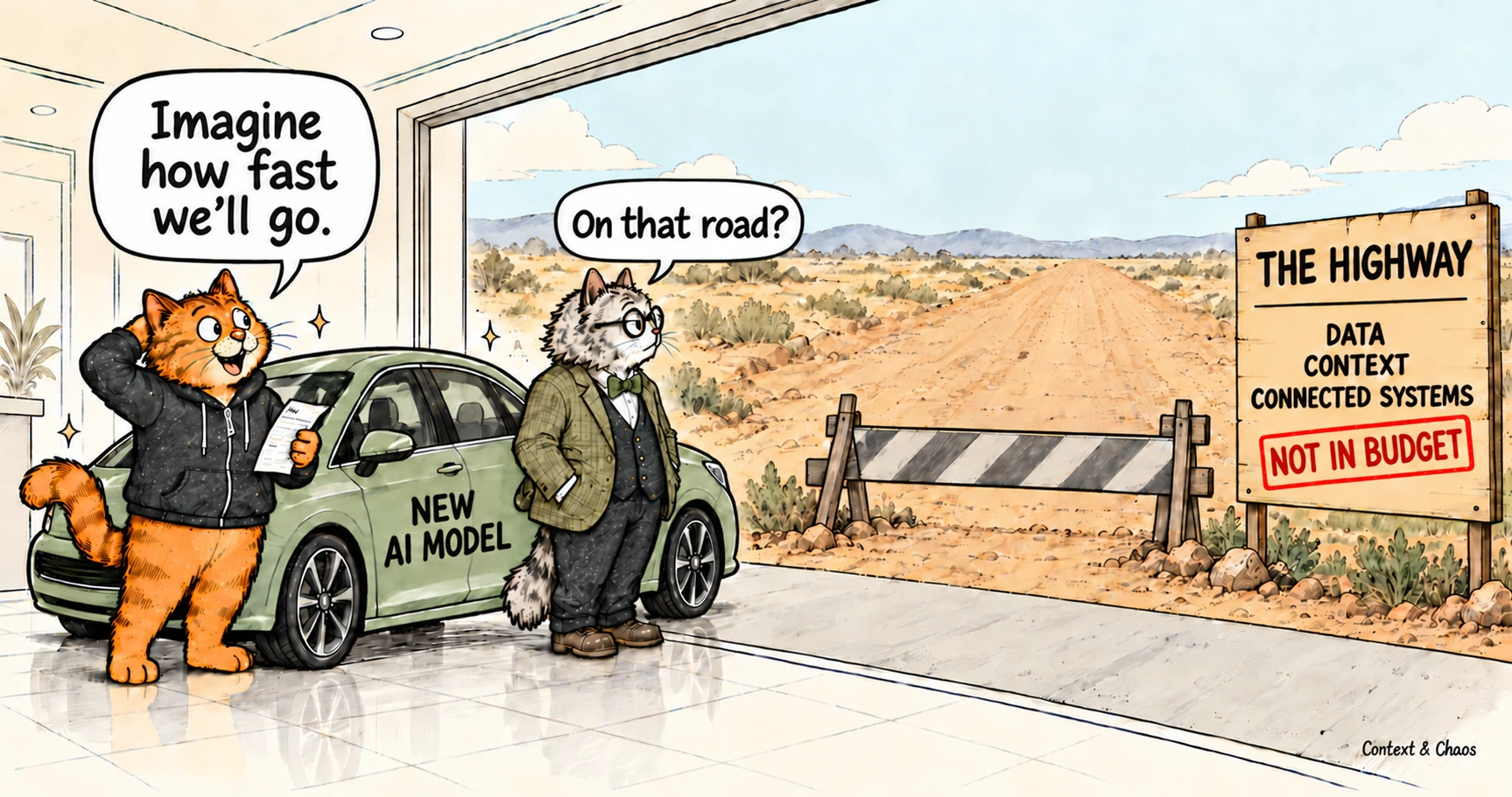 Cartoon of a car showroom opening onto a desert. An excited orange cat in a hoodie holds a receipt beside a green car labelled New AI Model and says, imagine how fast we'll go. A grey professor cat in glasses and a tweed jacket looks out at a dirt track blocked by a barrier and asks, on that road? A sign reads The Highway: data, context, connected systems, stamped Not in budget.