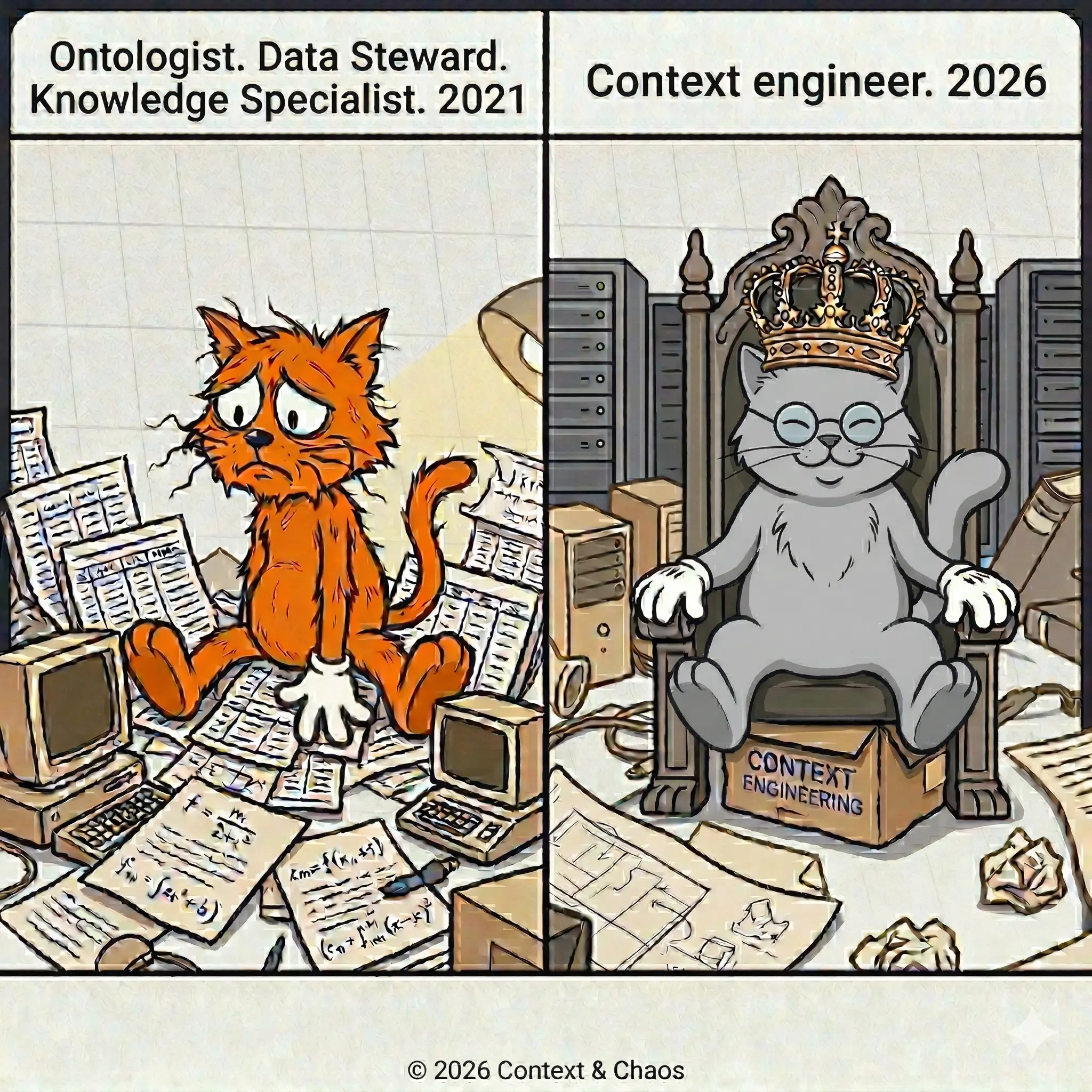 Two-panel cartoon: 'Ontologist. Data Steward. Knowledge Specialist. 2021' — a weary orange cat buried in papers and old servers; 'Context engineer. 2026' — the same job, now a crowned grey cat on a throne labelled 'Context Engineering.'