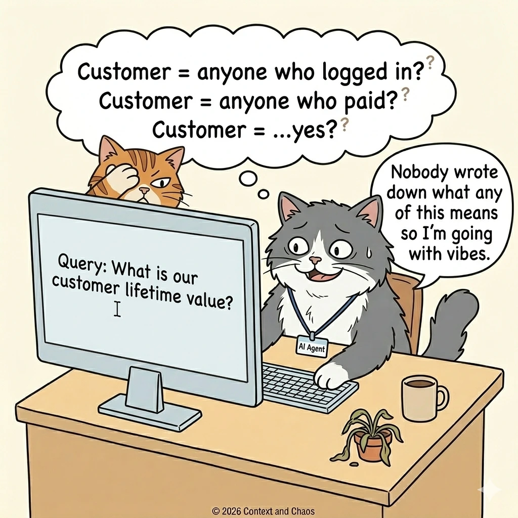 Cartoon: a frazzled grey 'AI Agent' cat at a keyboard runs the query 'What is our customer lifetime value?' while a thought bubble cycles conflicting definitions of 'customer' — 'Nobody wrote down what any of this means, so I'm going with vibes.'
