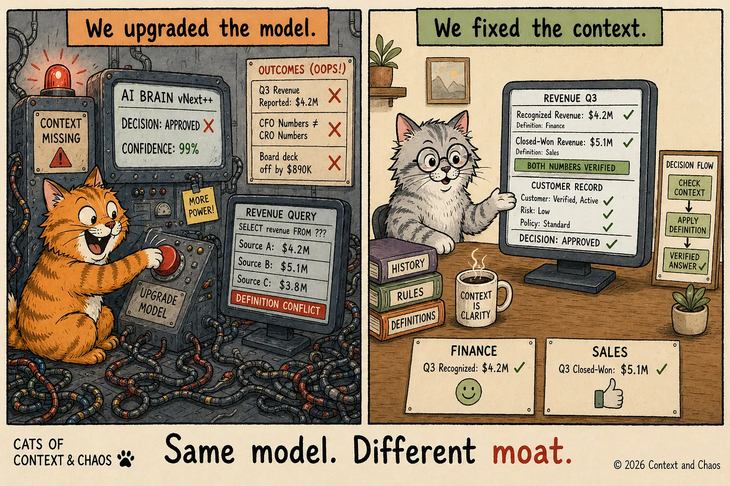 Two-panel cartoon. Left, 'We upgraded the model': a frazzled cat at a control panel where the newest model still returns conflicting revenue numbers — a 'definition conflict', outcomes all wrong. Right, 'We fixed the context': a calm cat whose verified numbers reconcile across finance and sales. Caption: same model, different moat.