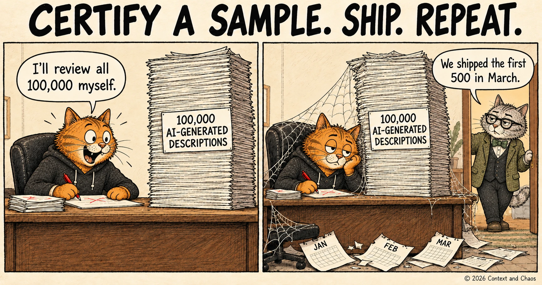 Two-panel cartoon titled certify a sample, ship, repeat. In the first panel an orange tabby in a hoodie sits at a desk with a red pen beside a towering stack labelled 100,000 AI-generated descriptions and says I will review all 100,000 myself. In the second panel the same cat is slumped at the same desk under cobwebs with torn January, February and March calendar pages on the floor and the stack barely touched, while a grey professor cat in tweed and glasses leans through the doorway and says we shipped the first 500 in March.