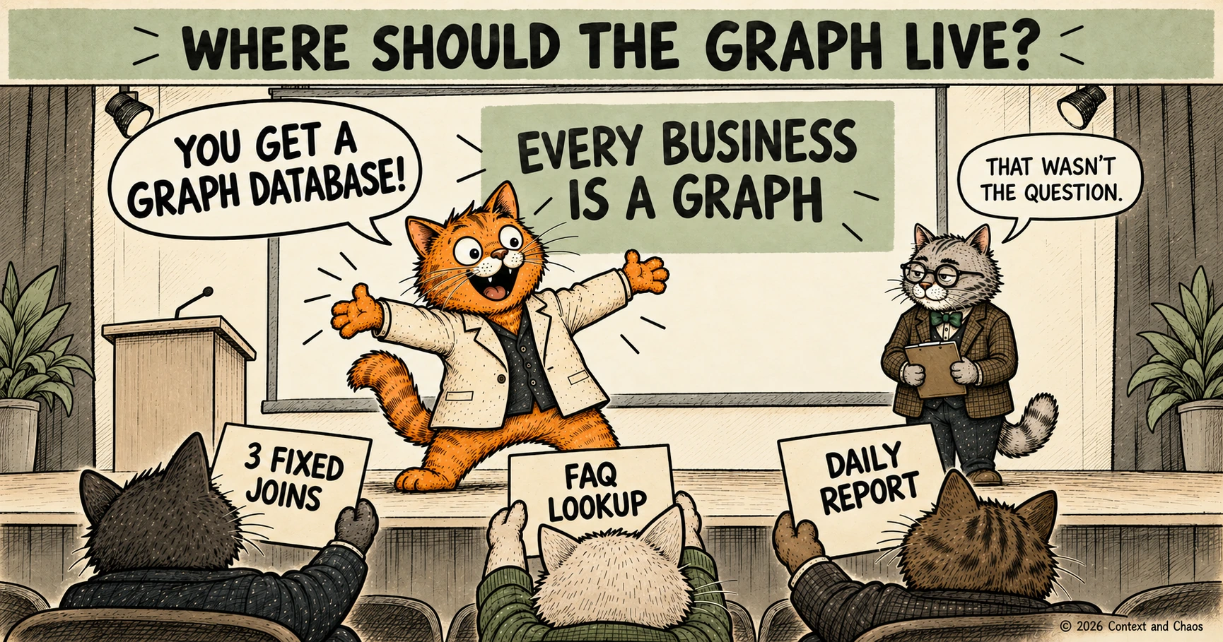 A cartoon conference stage where an orange cat in a blazer throws his arms wide and shouts You get a graph database, beneath a screen reading Every business is a graph, while three cats in the audience hold cards saying 3 fixed joins, FAQ lookup and daily report, and a professor cat with a clipboard replies That was not the question