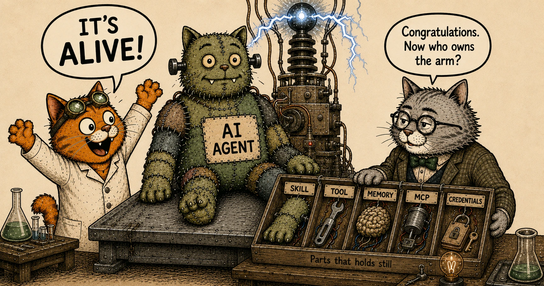 Two cats in a laboratory beside a stitched-together AI agent and a tray of labelled spare parts
