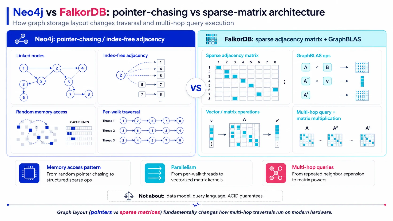 Neo4j vs FalkorDB architecture comparison: Neo4j's pointer-chasing and index-free adjacency with random memory access and per-walk traversal, against FalkorDB's sparse adjacency matrix and GraphBLAS operations, where a multi-hop query becomes a matrix multiplication