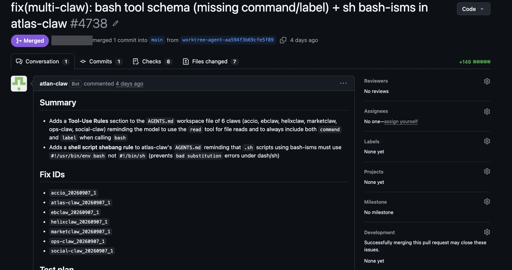 A merged GitHub pull request opened by a bot, titled as a fix to a bash tool schema across several agents. Its summary adds tool-use rules to six agents' workspace files and lists one fix ID per agent. The name of the person who merged it is redacted.